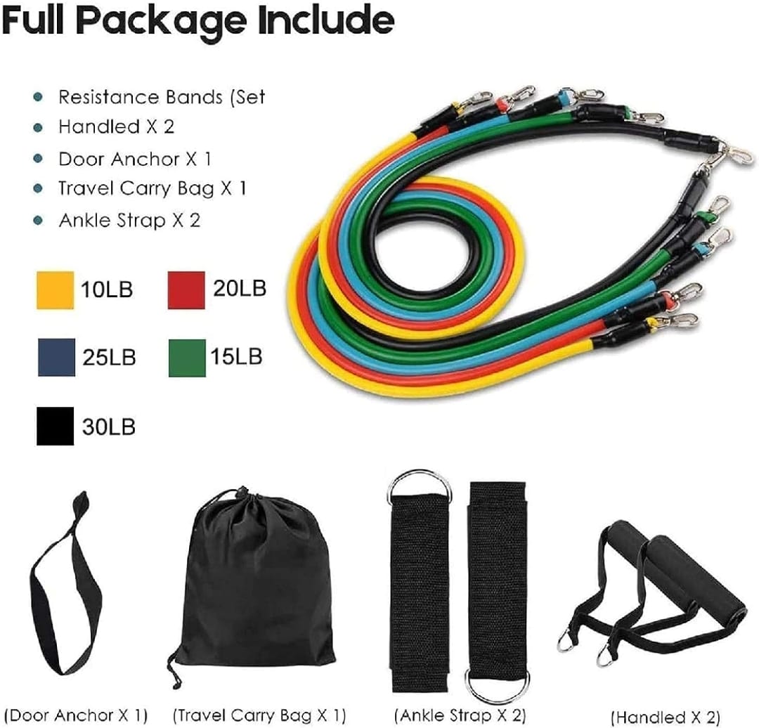 11 Piece Power Resistance Band Set , Yoga Sports Fitness Band Equipment for Men and Women
